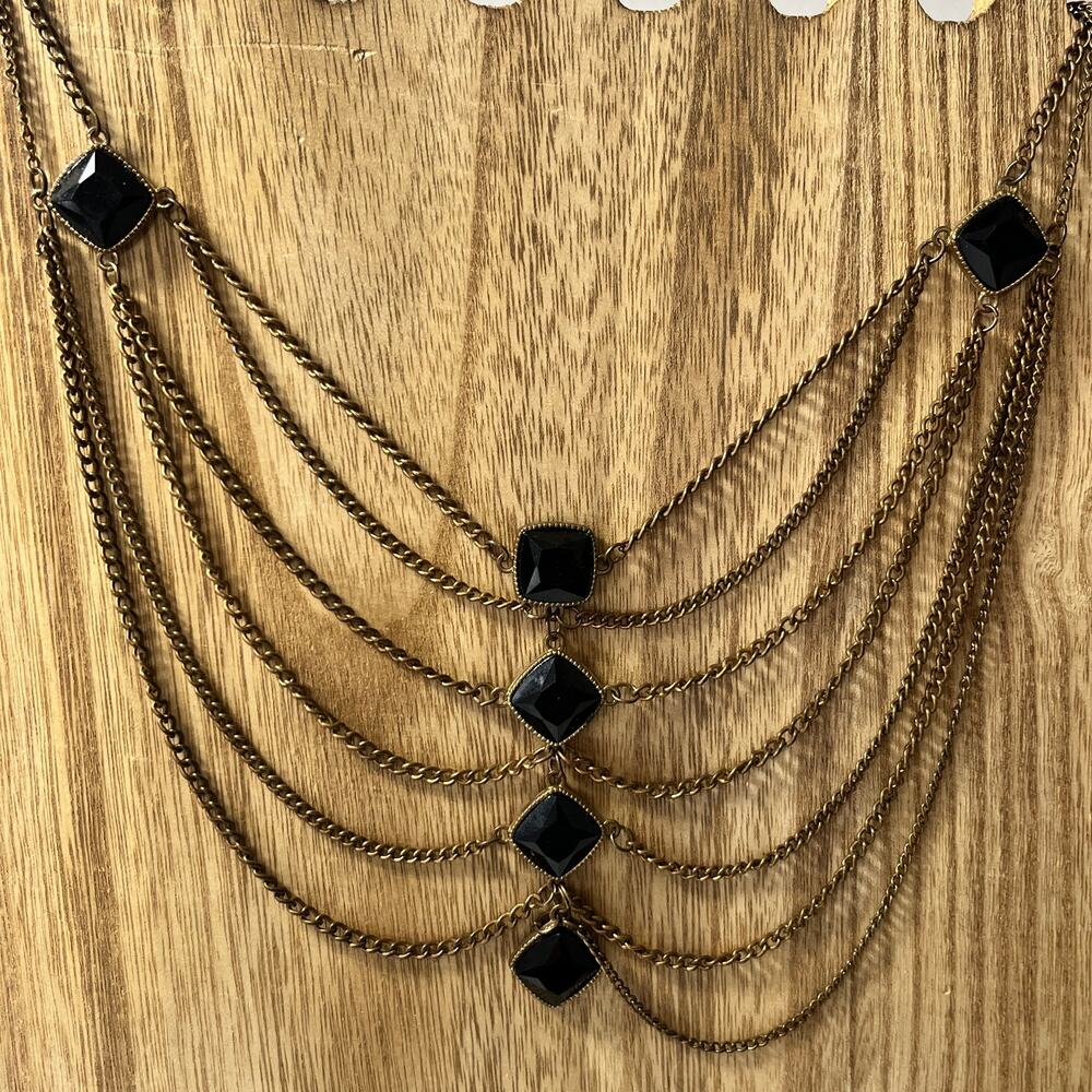 7 Layer Statement Necklace Pendant Black Acrylic Faceted gemstones 20-23 inches